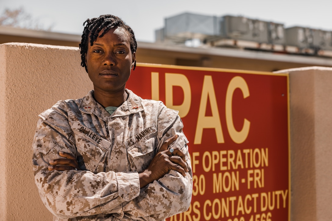U.S. Marine Corps Warrant Officer Oluwapelumi Olaleye, a personnel officer with Marine Air Ground Task Force Training Command, poses for a photo on Marine Corps Air Ground Combat Center Twentynine Palms, California, March 24, 2023. The Marine Corps celebrates the vital and ever-growing impact that woman in history and today leave within the institution. (U.S. Marine Corps photo by Lance Cpl. Justin Marty)