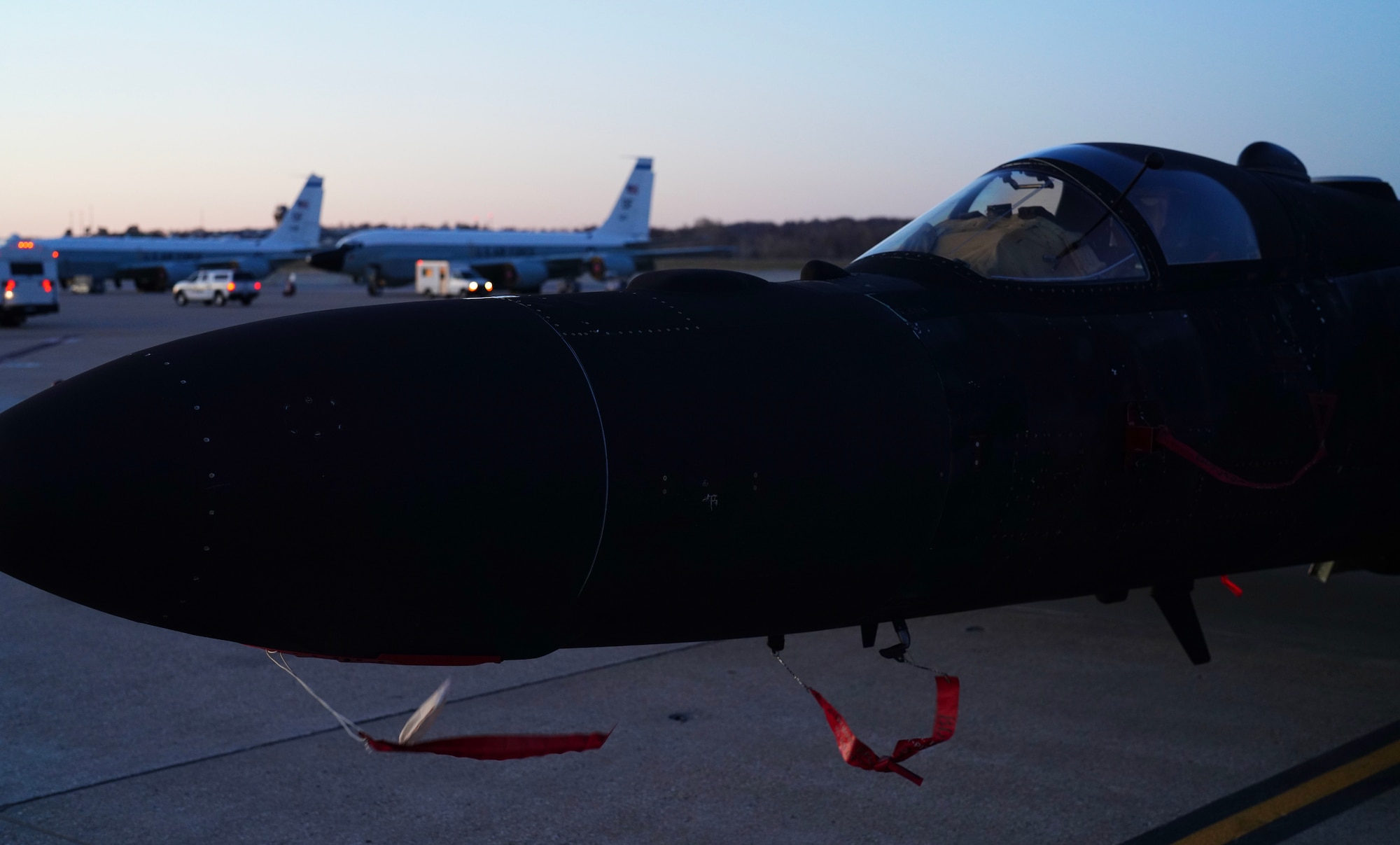 A U.S. Air Force 9th Reconnaissance Wing U-2 Dragon Lady is photographed on the base flightline after a sortie during Dragon Flag EAST, April 5, 2023, at Offutt Air Force Base, Nebraska.