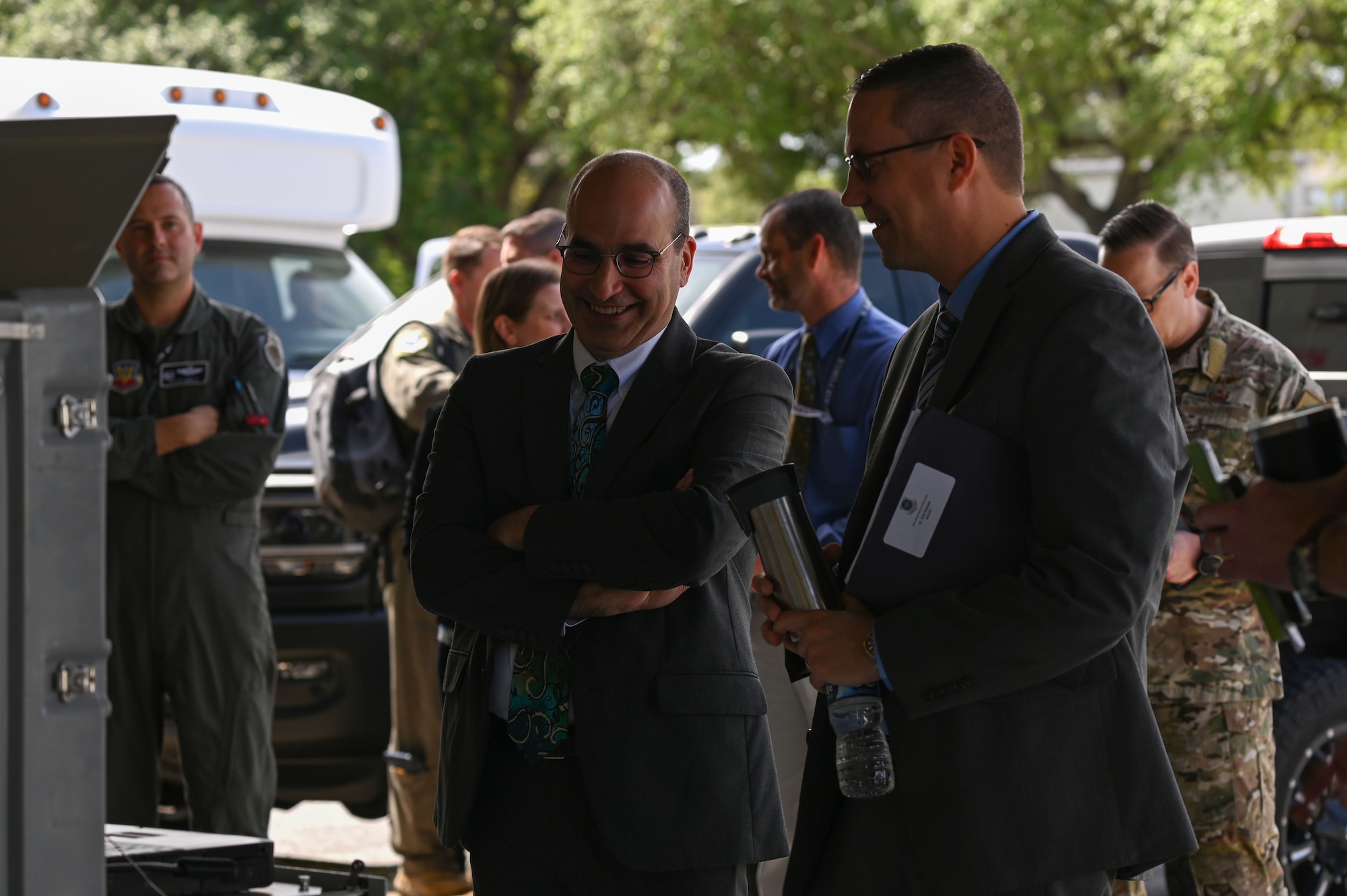 John F. Vona, Air Combat Command deputy director of the plans, program and requirements directorate, left, and Dr. John D. Matyjas, ACC chief scientist, right, visit the 350th Spectrum Warfare Wing at Eglin Air Force Base, Fla., April 11, 2023. The 350th SWW delivers adaptive and cutting-edge electromagnetic spectrum capabilities that provide the warfighter a tactical and strategic competitive advantage and freedom to attack, maneuver, and defend. (U.S. Air Force photo by Staff Sgt. Ericka A. Woolever)
