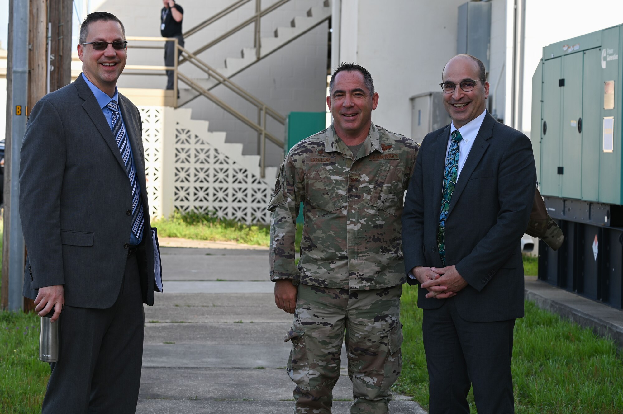 U.S. Air Force Col. Josh Koslov, 350th Spectrum Warfare Wing commander, center, John F. Vona, Air Combat Command deputy director of the plans, program and requirements directorate, right, and Dr. John D. Matyjas, ACC chief scientist, left, pose for a photo at Eglin Air Force Base, Fla., April 11, 2023. The 350th SWW serves as the Air Force’s first EMS focused wing on enhancing air component commanders’ ability to synchronize, integrate and execute EMS capabilities across all domains and platforms. (U.S. Air Force photo by Staff Sgt. Ericka A. Woolever)