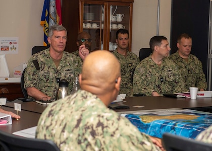 SASEBO, Japan (Apr. 6, 2023) – Rear Adm. Derek Trinque, commander, Expeditionary Strike Group 7
and Task Force 76/3, speaks with ESG 7 staff and subordinate unit commanders during a commanders
conference at the ESG 7 detachment headquarters in Sasebo, Apr. 6, 2023.