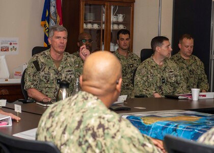 SASEBO, Japan (Apr. 6, 2023) – Rear Adm. Derek Trinque, commander, Expeditionary Strike Group 7
and Task Force 76/3, speaks with ESG 7 staff and subordinate unit commanders during a commanders
conference at the ESG 7 detachment headquarters in Sasebo, Apr. 6, 2023.