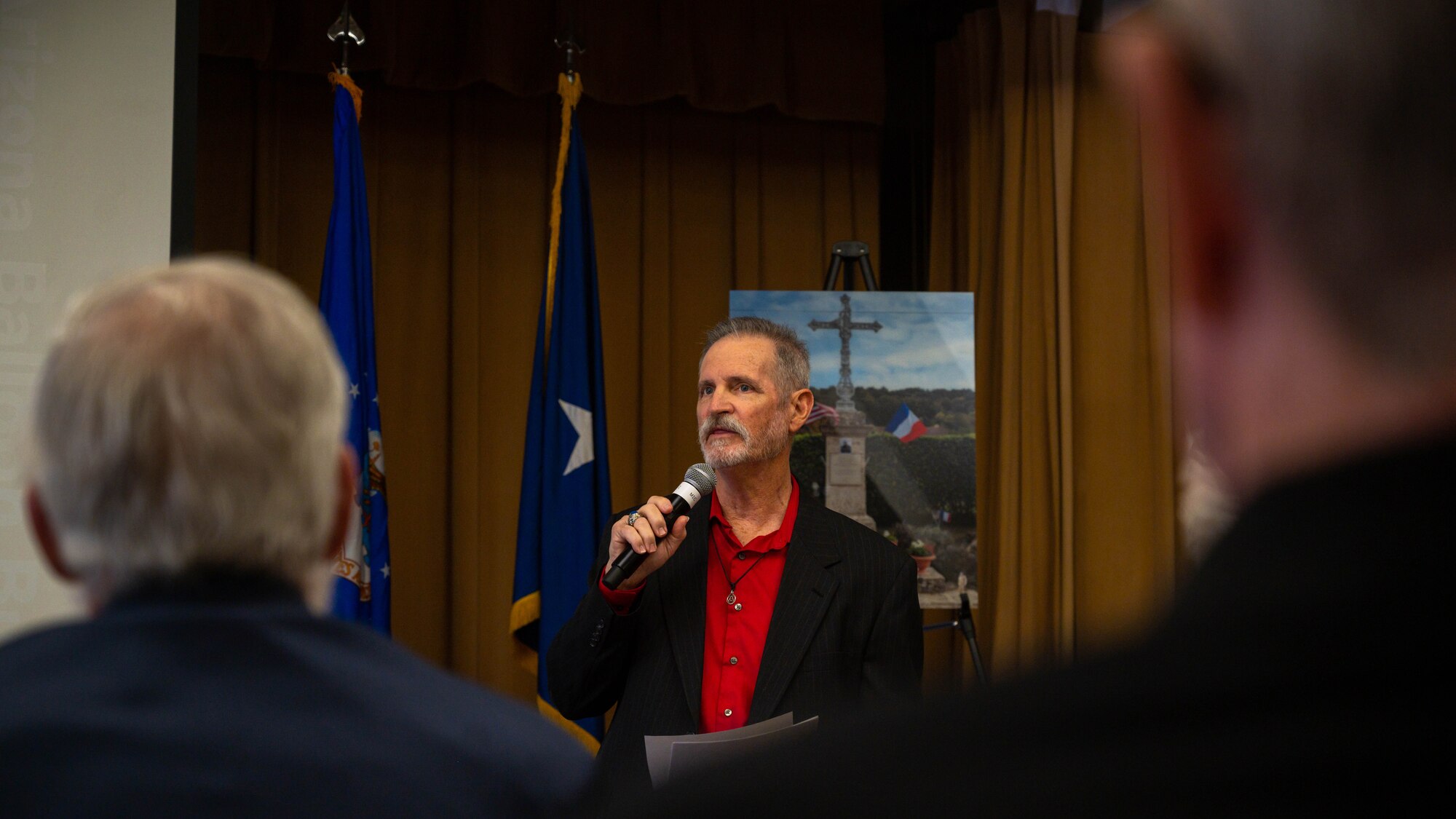 U.S. Air Force (ret.) Lt. Col. Rick Griset, former 56th Fighter Wing historian, retells the story of 2nd Lt. Frank Luke Jr. and his significance during World War I to an audience, May, 7, 2023, at Luke Air Force Base, Arizona.