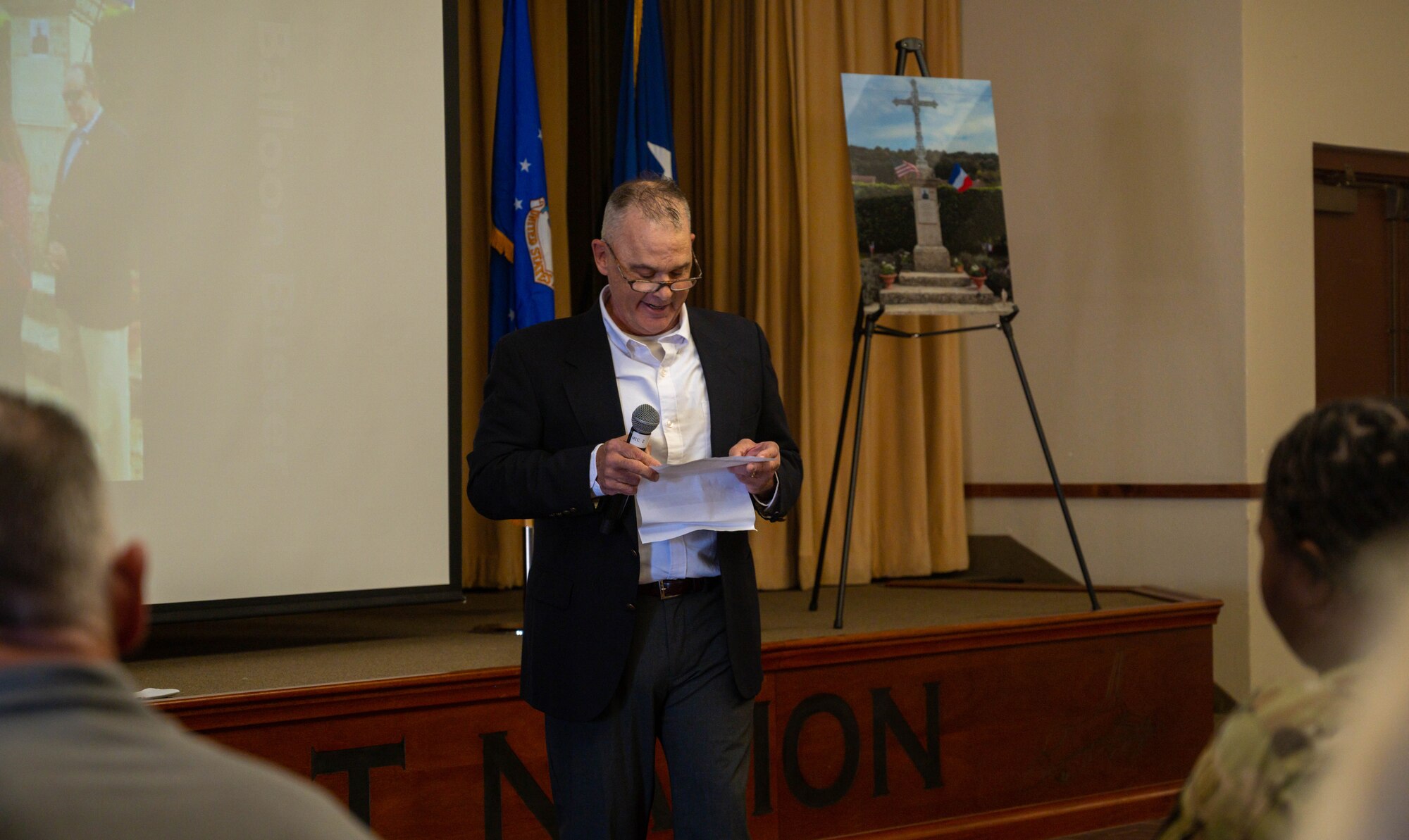 U.S. Air Force Col. (ret.) Jeffrey Weed, former 56th Fighter Wing vice commander, reads an eyewitness account of Frank Luke Jr’s acts of heroism during World War I on May, 7, 2023, at Luke Air Force Base, Arizona.