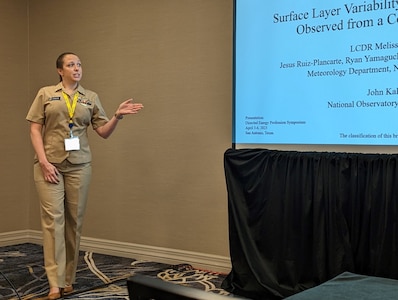 Meteorological and Oceanography Officers attending the Naval Postgraduate School recently participated in the Directed Energy Professional Society (DEPS) 2023 conference and presented their thesis in San Antonio, Texas, April 3-6.