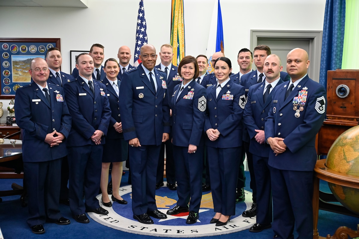 Air Force Chief of Staff Gen. CQ Brown, Jr., center left, and Chief Master Sgt. of the Air Force JoAnne S. Bass, center right, pose with recipients of the 2019 to 2022 Lance P. Sijan USAF Leadership Awards before a ceremony at the Pentagon, Arlington, Va., April 3, 2023. The award is named for Medal of Honor recipient Capt. Lance Sijan, who died while being held as a prisoner of war during the Vietnam War. (U.S. Air Force photo by Eric Dietrich)