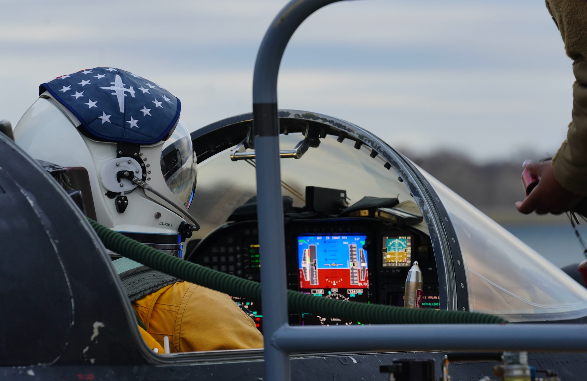 A U.S. Air Force 99th Reconnaissance Squadron U-2 Dragon Lady pilot communicates with 9th Physiological Support Squadron Airmen, April 3, 2023, at Offutt Air Force Base, Nebraska.