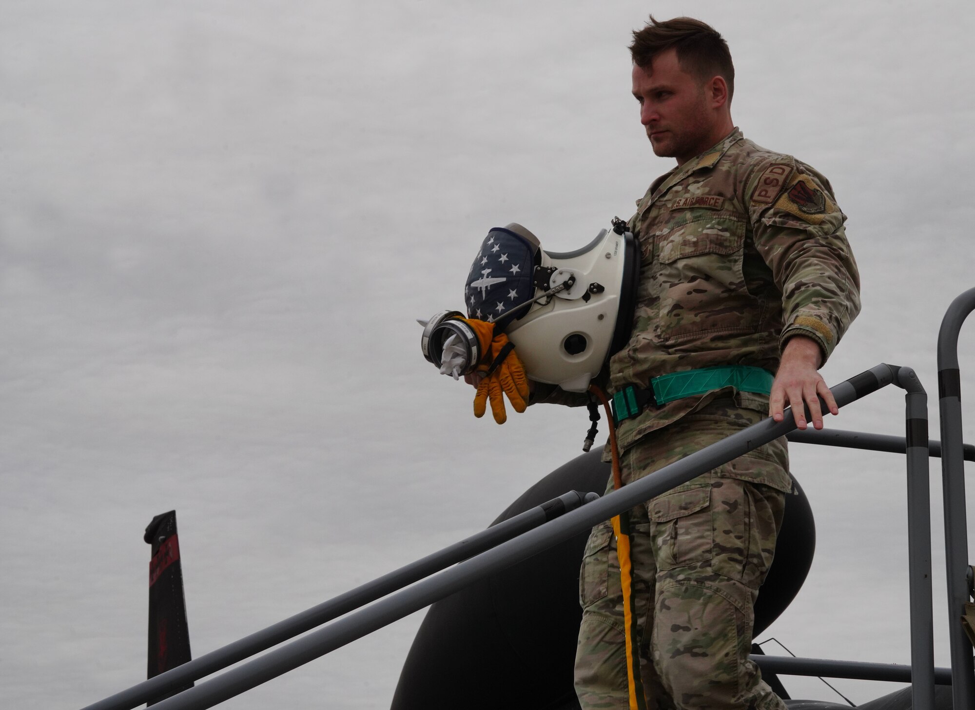 A U.S. Air Force 9th Physiological Support Squadron Airman gathers U-2 Dragon Lady pilot equipment after a high flight during Dragon Flag EAST, April 3, 2023, at Offutt Air Force Base, Nebraska.