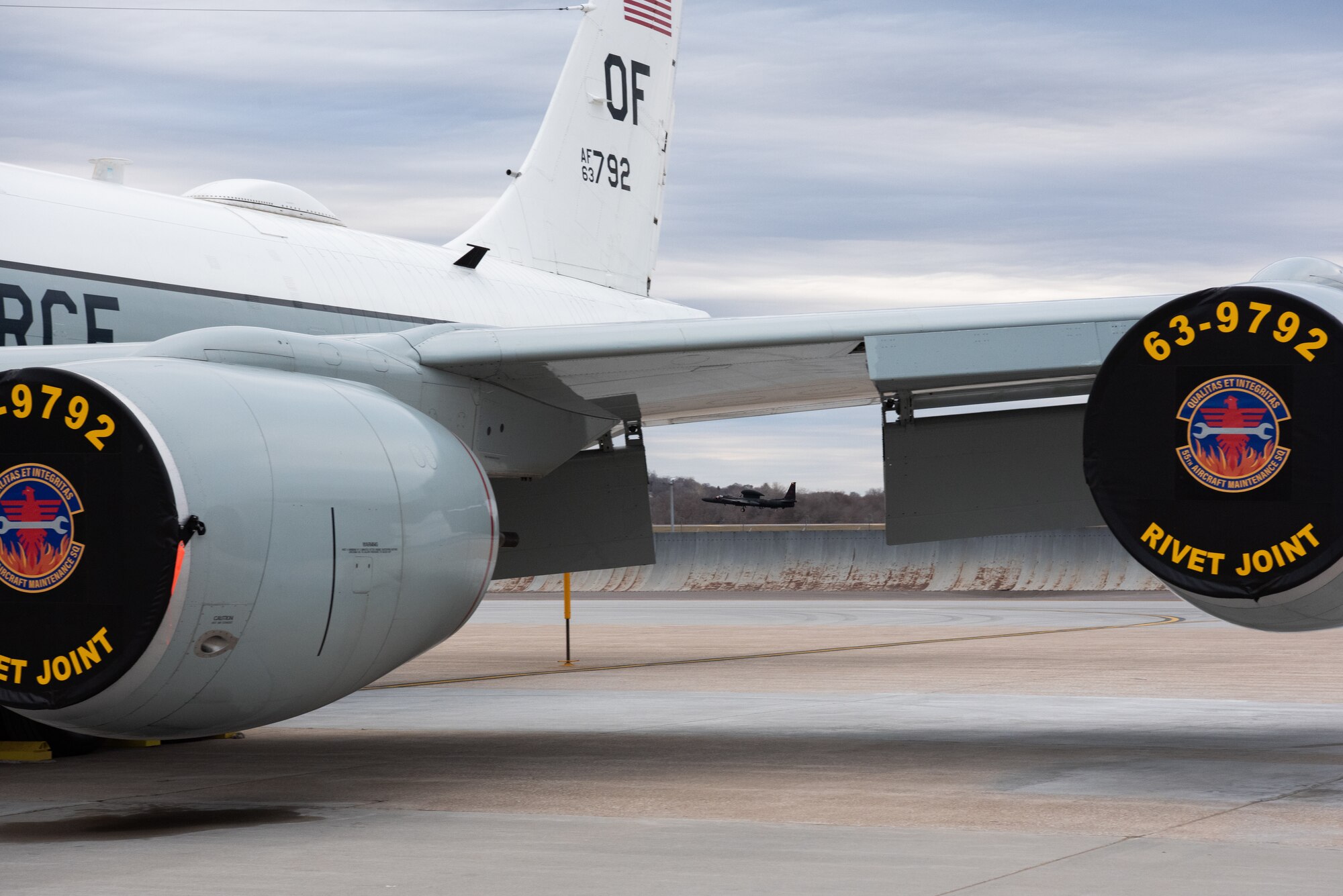 A U.S. Air Force U-2 Dragon Lady takes off behind an RC-135V/W Rivet Joint during Dragon Flag EAST, April 3, 2023, at Offutt Air Force Base, Nebraska.