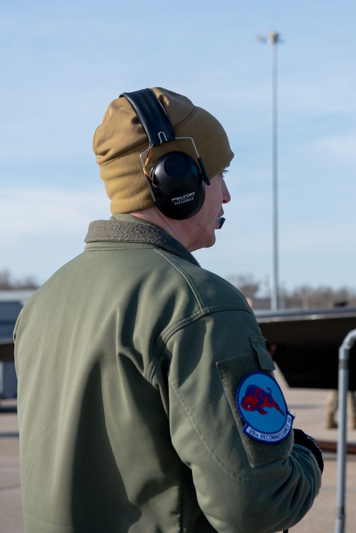 A U.S. Air Force 99th Reconnaissance Squadron U-2 Dragon lady pilot oversees flightline operations during Dragon Flag EAST, April 1, 2023, at Offutt Air Force Base, Nebraska.