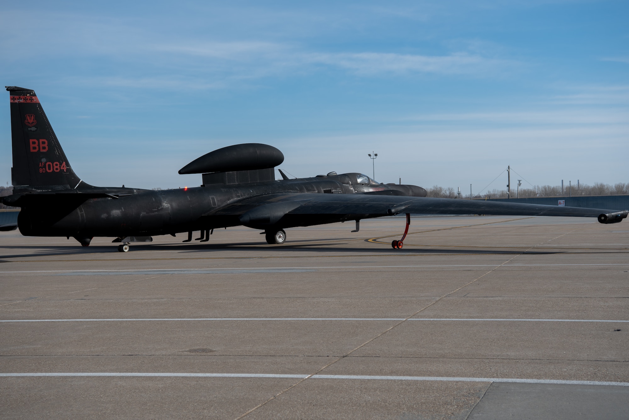 A U.S. Air Force U-2 Dragon Lady taxis to the runway in preparation for high flight during Dragon Flag EAST, April 1, 2023, at Offutt Air Force Base, Nebraska.