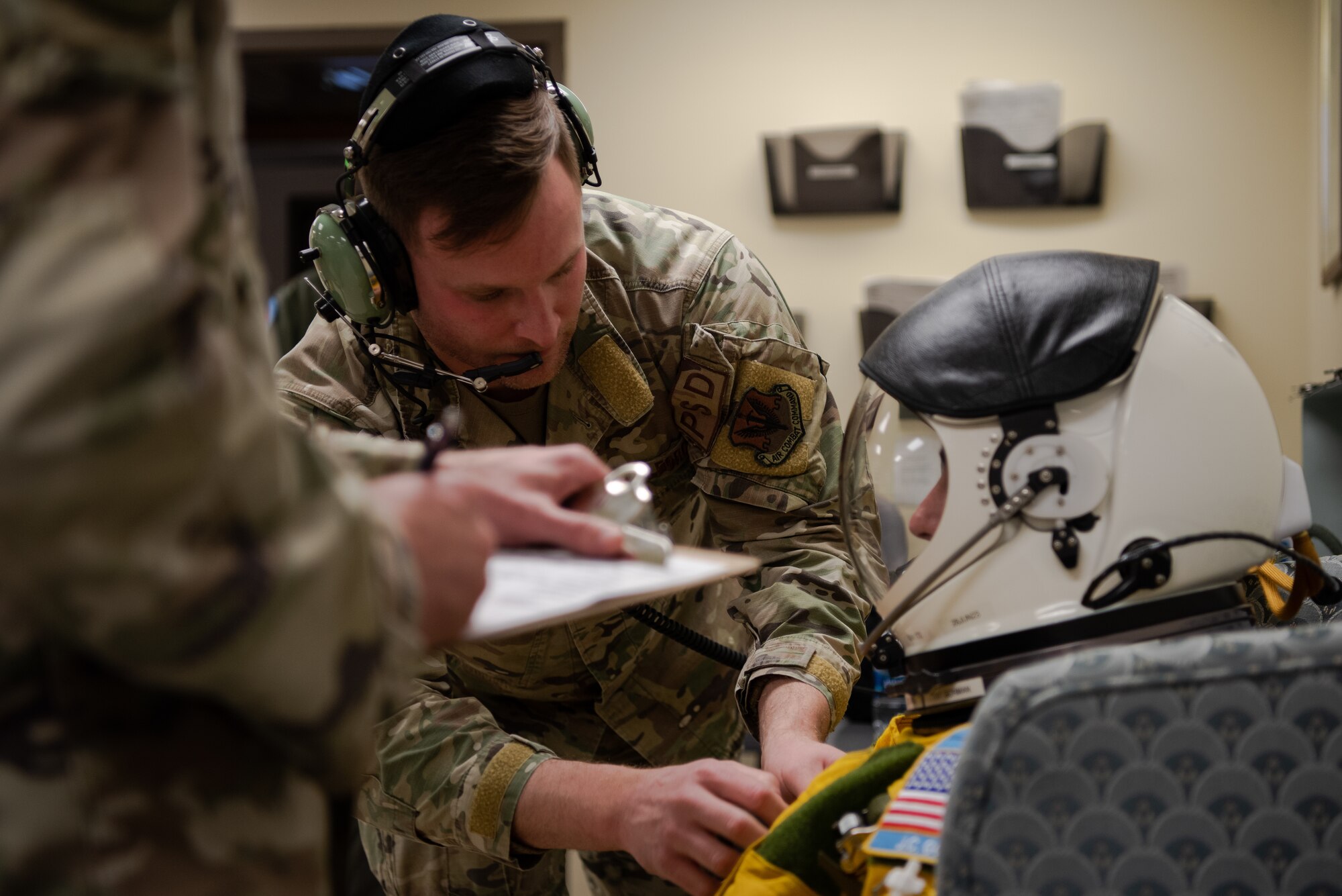 U.S. Air Force 9th Physiological Support Squadron Airmen test a 99th Reconnaissance Squadron U-2 Dragon Lady pilot’s suit pressurization for a high flight April 1, 2023, at Offutt Air Force Base, Nebraska.