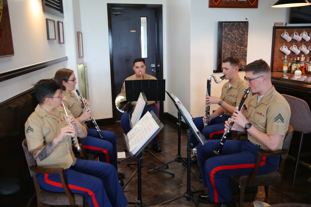 The III MEF Woodwind Quintet played for a retirement ceremony on Camp
