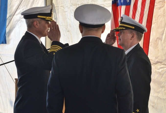 (April 11, 2023) Capt. Matthew Kiser, commanding officer of the Blue Ridge-class command and control ship USS Mount Whitney (LCC 20) salutes Vice Adm. Thomas Ishee, commander, U.S. Sixth Fleet, during the ship’s change of command in Gaeta, Italy, April 11, 2023. Mount Whitney, the U.S. Sixth Fleet flagship, homeported in Gaeta, Italy entered its regularly scheduled overhaul to make improvements in order to increase the security and stability of the U.S. Sixth Fleet area of operations.