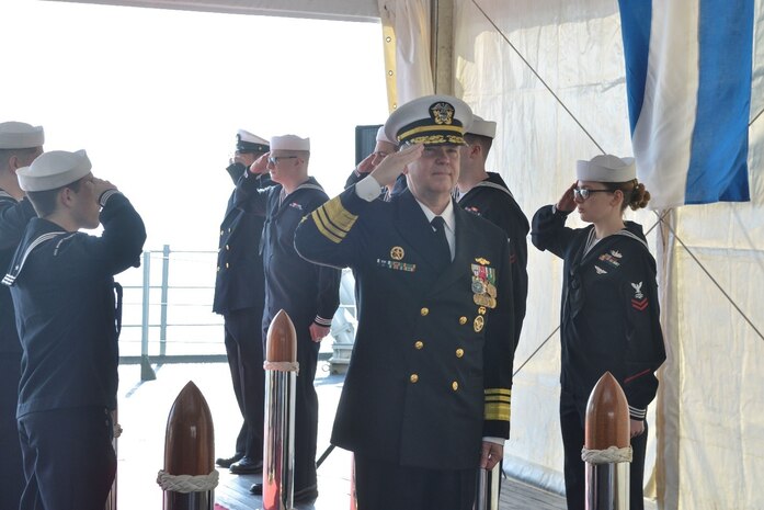 (April 11, 2023) Vice Adm. Thomas Ishee, commander, U.S. Sixth Fleet, salutes during a change of command ceremony aboard the Blue Ridge-class command and control ship USS Mount Whitney (LCC 20). Mount Whitney, the U.S. Sixth Fleet flagship, homeported in Gaeta, Italy entered its regularly scheduled overhaul to make improvements in order to increase the security and stability of the U.S. Sixth Fleet area of operations.