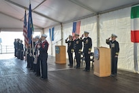 (April 11, 2023) Vice Adm. Thomas Ishee, commander, U.S. Sixth Fleet, Capt. Daniel Prochazka, commanding officer of the Blue Ridge-class command and control ship USS Mount Whitney (LCC 20), and Capt. Matthew Kiser, salutes during a change of command in Gaeta, Italy, April 11, 2023. Mount Whitney, the U.S. Sixth Fleet flagship, homeported in Gaeta, Italy entered its regularly scheduled overhaul to make improvements in order to increase the security and stability of the U.S. Sixth Fleet area of operations.