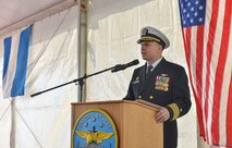 April 11, 2023) Capt. Daniel Prochazka, commanding officer of the Blue Ridge-class command and control ship USS Mount Whitney (LCC 20), gives remarks during the ship’s change of command in Gaeta, Italy, April 11, 2023. Mount Whitney, the U.S. Sixth Fleet flagship, homeported in Gaeta, Italy entered its regularly scheduled overhaul to make improvements in order to increase the security and stability of the U.S. Sixth Fleet area of operations.