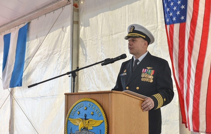 April 11, 2023) Capt. Daniel Prochazka, commanding officer of the Blue Ridge-class command and control ship USS Mount Whitney (LCC 20), gives remarks during the ship’s change of command in Gaeta, Italy, April 11, 2023. Mount Whitney, the U.S. Sixth Fleet flagship, homeported in Gaeta, Italy entered its regularly scheduled overhaul to make improvements in order to increase the security and stability of the U.S. Sixth Fleet area of operations.