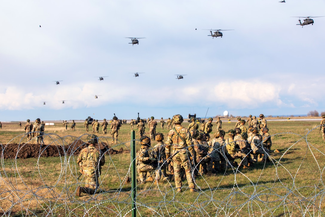 Soldiers participate in an air assault demonstration.