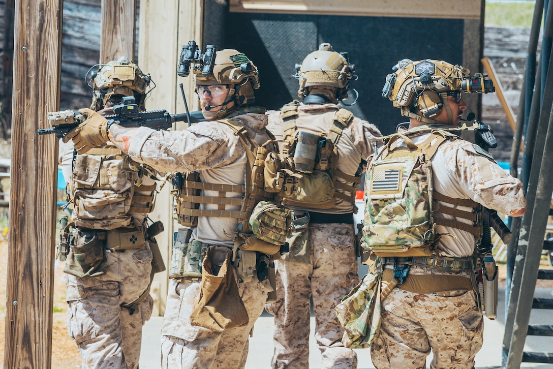 U.S. Marines with Maritime Special Purpose Force (MSPF), 26th Marine Expeditionary Unit (MEU) conduct a live-fire close quarters battle exercise at the Tier 1 Group (T1G) compound near Memphis, Tennessee, April 4, 2023. The training at T1G enhanced MSPF’s knowledge of weapons and tactics, breaching, operational medicine, and lethality in preparation for the 26th MEU’s upcoming deployment. (U.S. Marine Corps photo by Cpl. Kyle Jia)