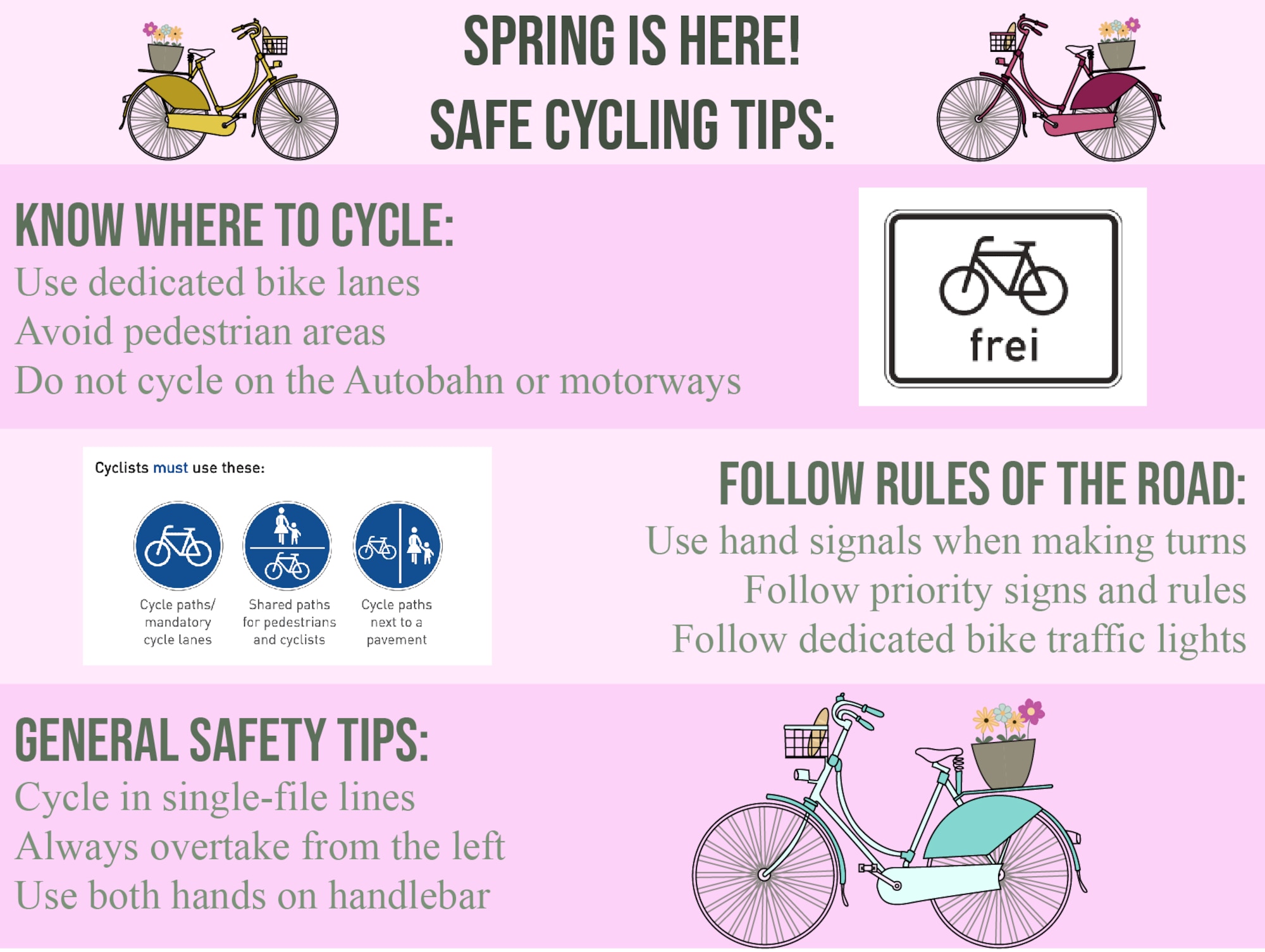 A pink colored graphic with green text and images of bicycles