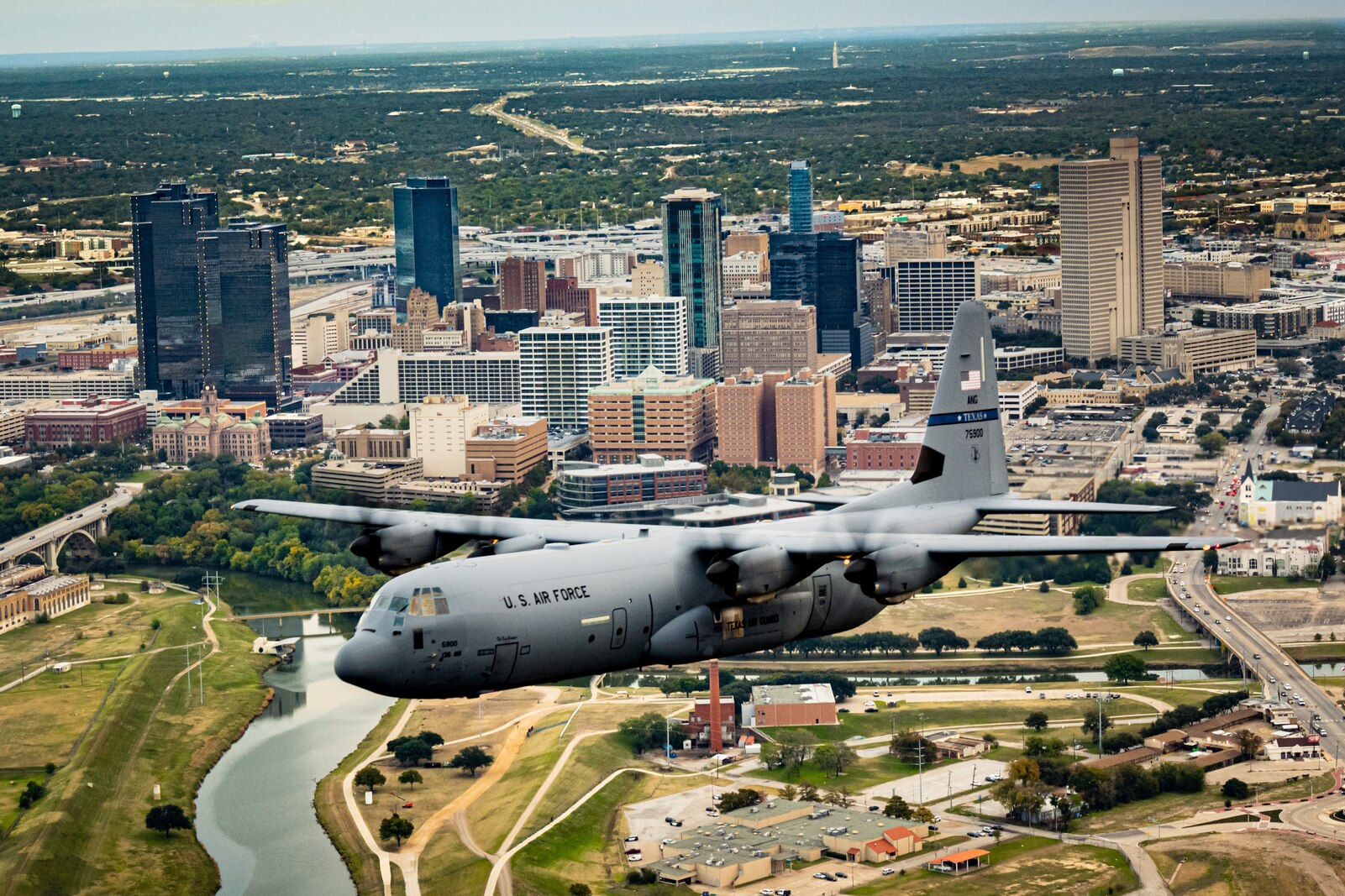 C-130J flys over downtown Fort Worth.