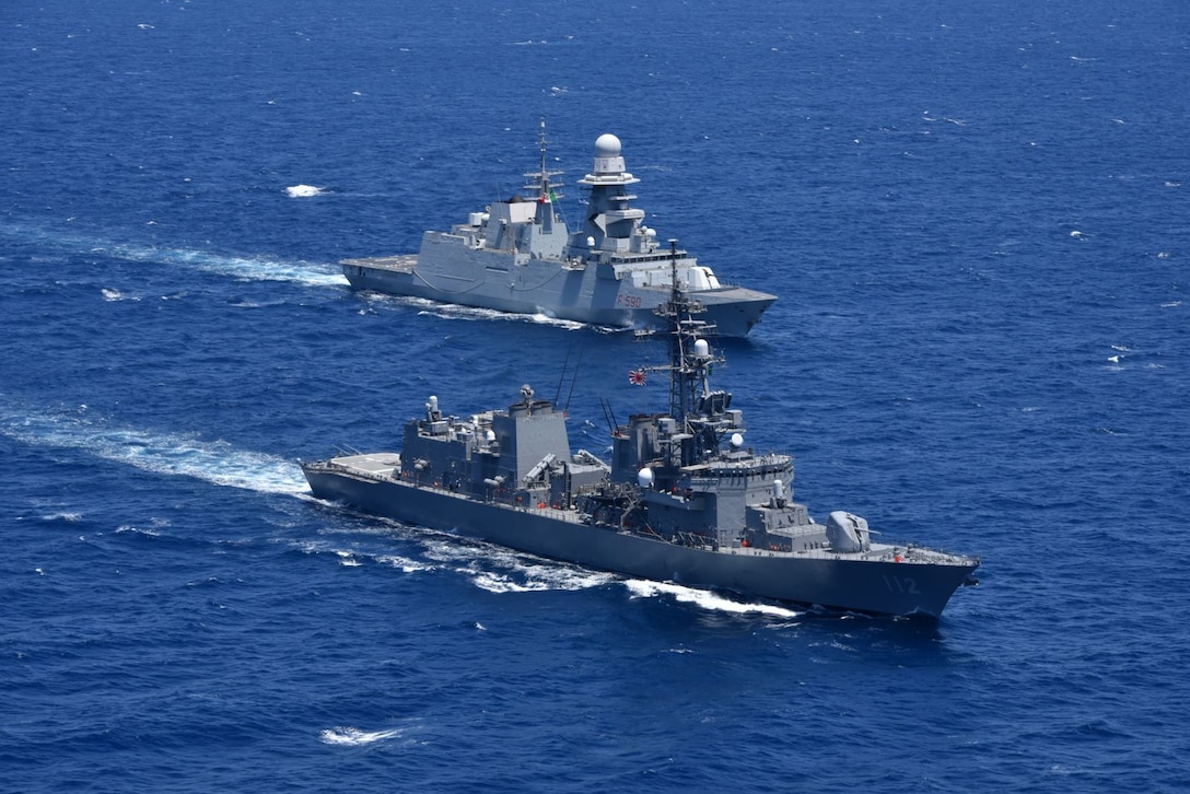 GULF OF ADEN (April 8, 2023) Japanese Maritime Self-Defense Force destroyer JS Makinami (DD 112) sails alongside Italian Navy frigate ITS Carlo Bergamini (F 590) in the Gulf of Aden during combined training between Combined Maritime Forces and European Union Naval Forces, April 8, 2023. (Courtesy photo)