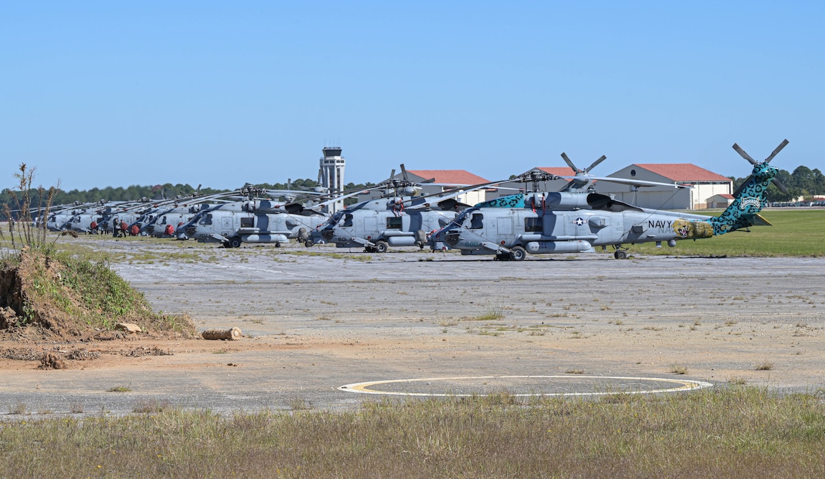 28 MH-60R Seahawk Helicopters, assigned to the Commander, Helicopter Maritime Strike Wing Atlantic, execute hurrevac at Maxwell Air Force Base, Alabama, Sept. 28, 2022. The units arrived from Naval Air Station Jacksonville and Naval Station Mayport in preparation for Hurricane Ian making landfall. (U.S. Air Force photo by Airman 1st Class Juliana Todd)