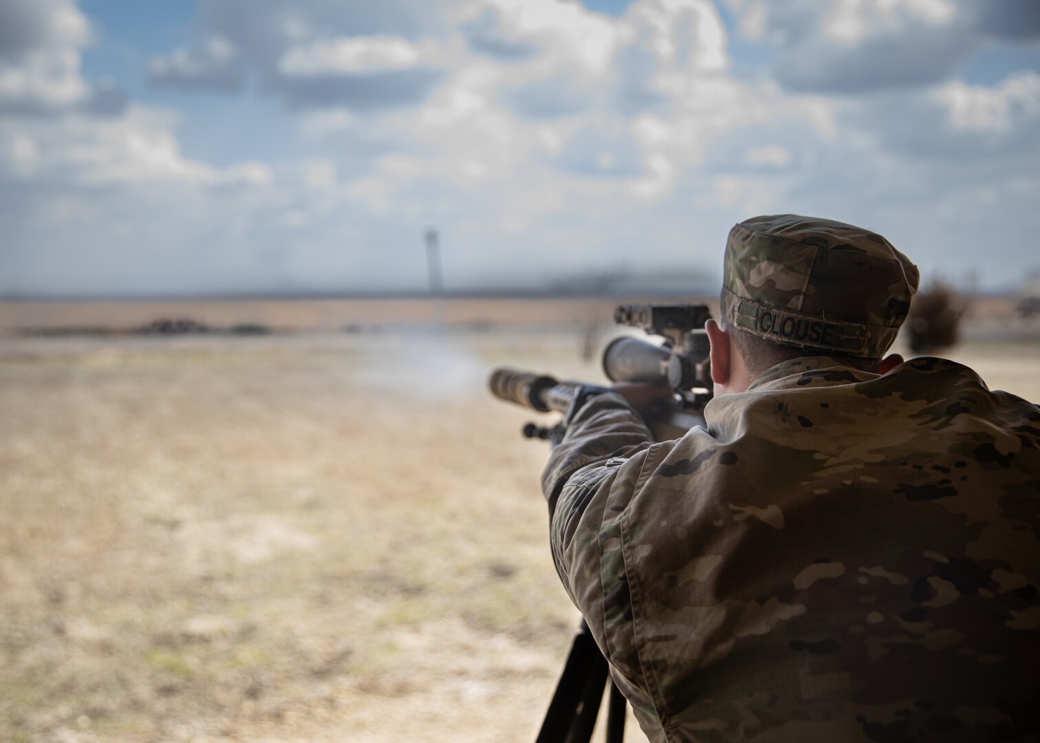 Spc. Joshua Clouse, an infantryman with Alpha Company, 1st Battalion, 179th Infantry Regiment, 45th Infantry Brigade Combat Team, fires an MK 22 Precision Sniper Rifle at the sniper qualification range at Fort Riley, Kan., March 25, 2023. (Oklahoma National Guard photo by Spc. Danielle Rayon)