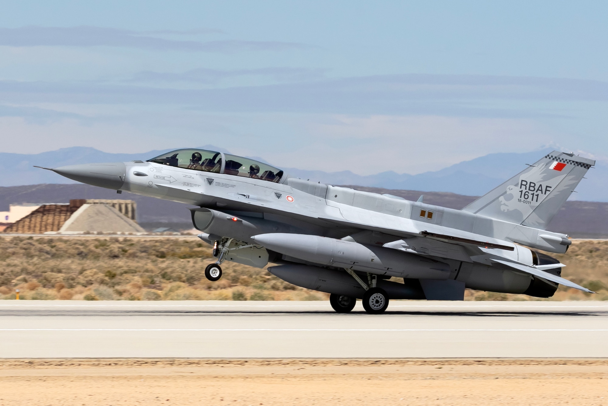 The first Royal Bahraini Air Force F-16 Block 70 lands at Edwards Air Force Base, California, March 28. The 412th Test Wing’s 416th Flight Test Squadron will conduct flight tests on the aircraft before delivery to the Bahrain Defence Force. (Photo courtesy of 412th Test Wing Public Affairs, US Air Force)