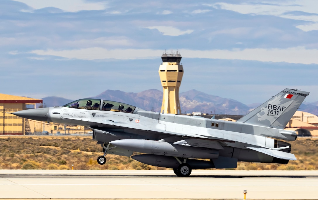 The first Royal Bahraini Air Force F-16 Block 70 lands at Edwards Air Force Base, California, March 28. The 412th Test Wing’s 416th Flight Test Squadron will conduct flight tests on the aircraft before delivery to the Bahrain Defence Force. (Photo courtesy of 412th Test Wing Public Affairs, US Air Force)
