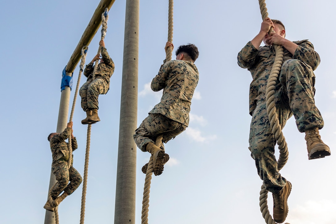 Four Marines climb ropes attached to a pole.