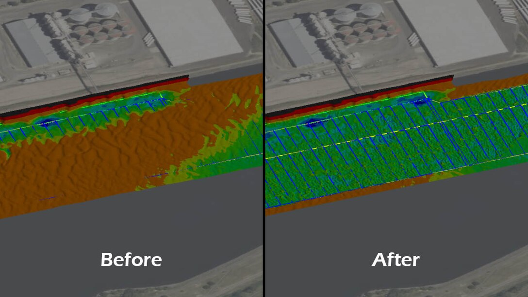computer-generated imagery of the river bottom. first image shows riverbed before dredging. Second image shows riverbed after dredging.
