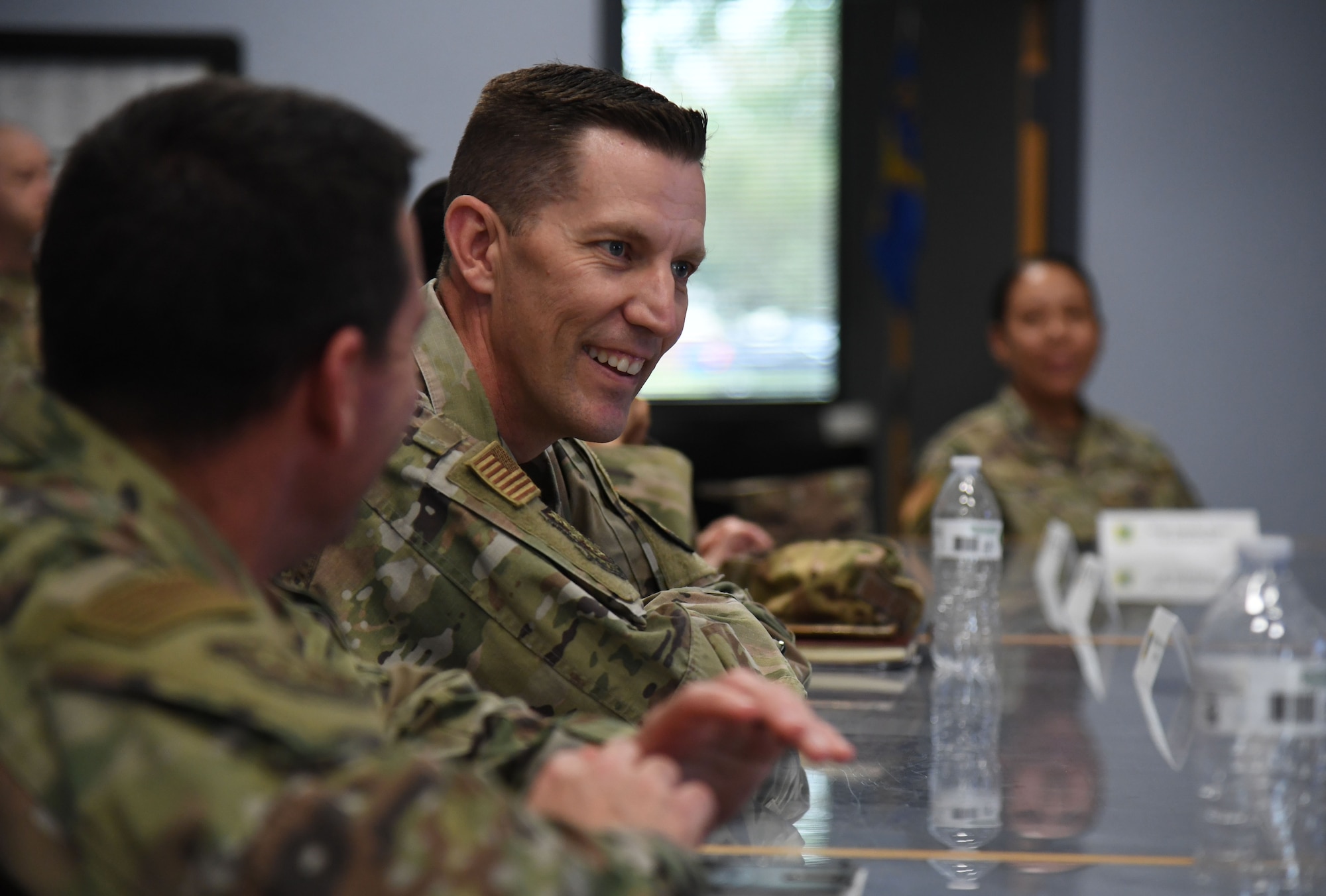 U.S. Air Force Col. Billy Pope, 81st Training Wing commander, visits the 81st Operations Support Flight during the Wing Staff Agencies Immersion Tour inside the base operations building at Keesler Air Force Base, Mississippi, April 11, 2023.