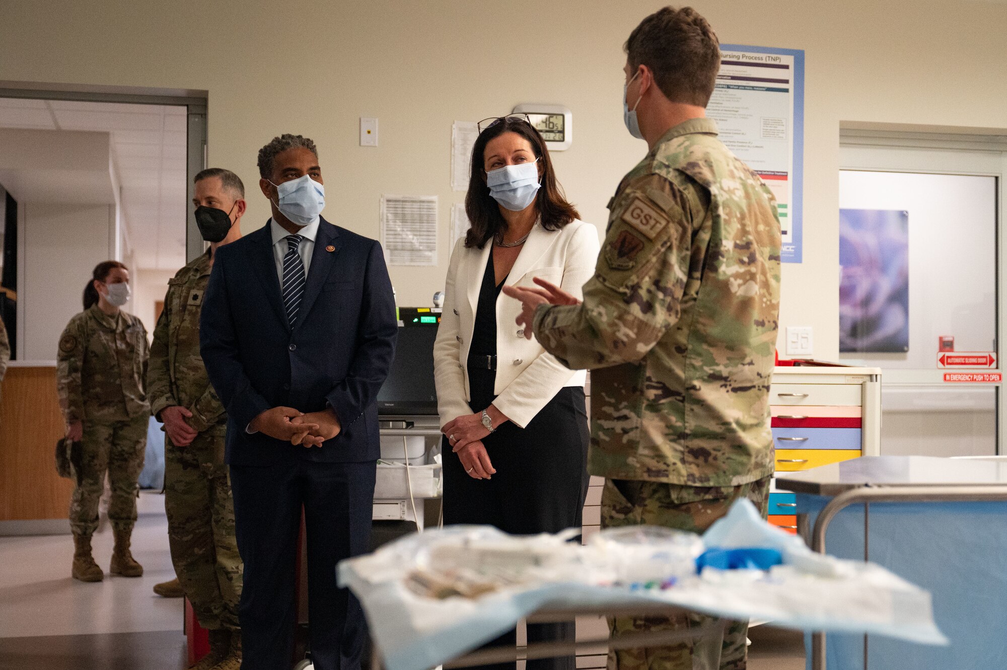 Airmen from the 99th Medical Group (MDG), the Hon. Kristyn Jones, assistant secretary of the Air Force for Financial Management and Comptroller, performing the duties of under secretary of the Air Force and Congressman Steven Horsford on how many cases the emergency department can handle at a time at Mike O’Callaghan Military Medical Center, Nellis Air Force Base, April 7, 2023.