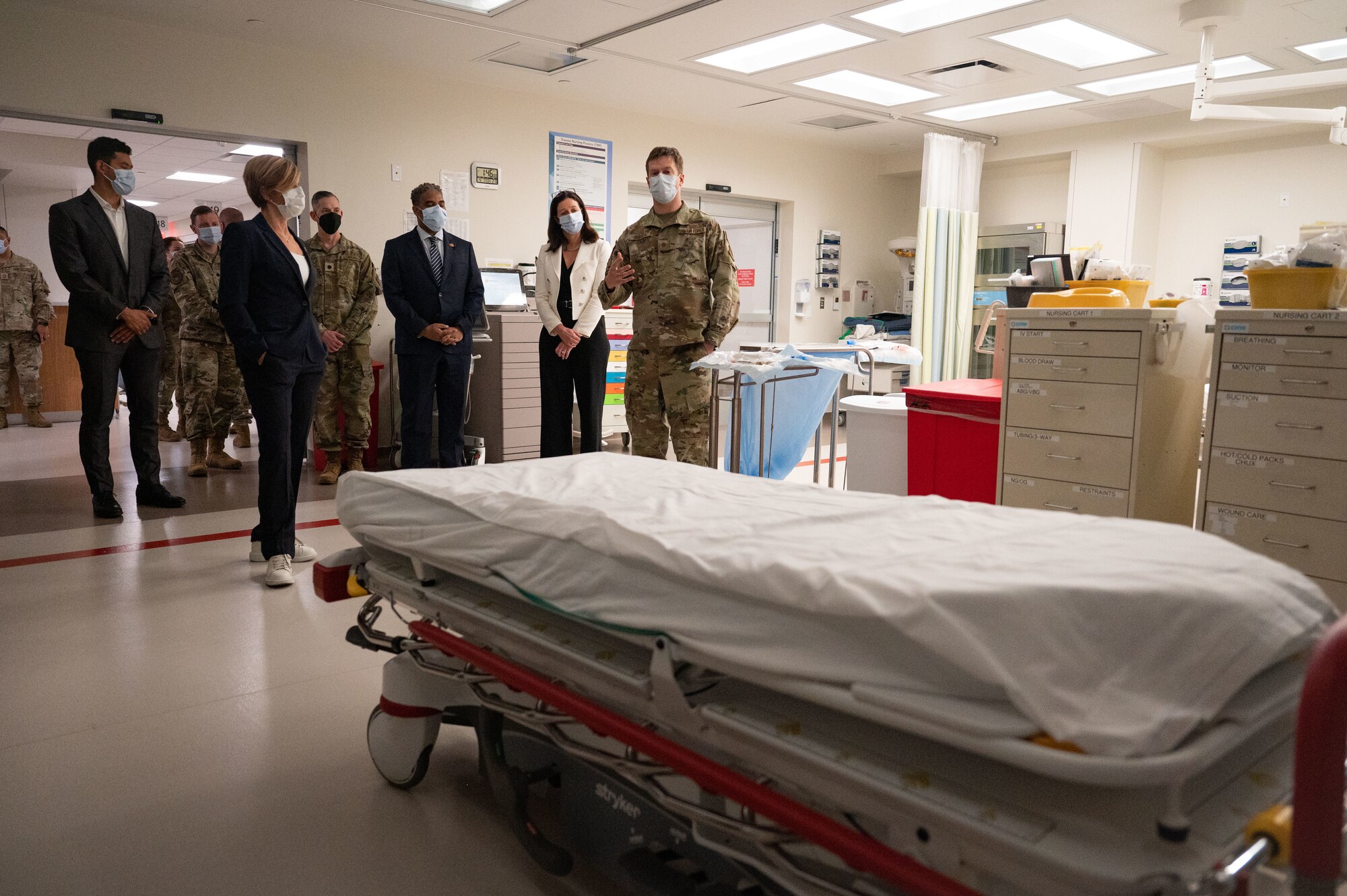 Airmen from the 99th Medical Group brief the Hon. Kristyn Jones, assistant secretary of the Air Force for Financial Management and Comptroller, performing the duties of under secretary of the Air Force and Congress members on the capabilities of the emergency department at Mike O’Callaghan Military Medical Center (MOMMC), Nellis Air Force Base, April 7, 2023.