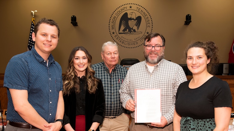 (Left to Right) Civil Engineer Mark Veasey, Wilson County  Planning Assistance to States Program technical lead for the U.S. Army Corps of Engineers Nashville District; Kelley Philbin, Nashville District Water Resources Section chief; Retired Col. and District 5 Representative Jerry McFarland; Tom Brashear, Wilson County Floodplain administrator; and Project Manager and Planner Ashley Fuentes, Nashville District Planning Section; pose with the signed Letter of Agreement to conduct a watershed study during a meeting April 12, 2023, at the Wilson County Courthouse in Lebanon, Tennessee. (USACE Photo by Lee Roberts)