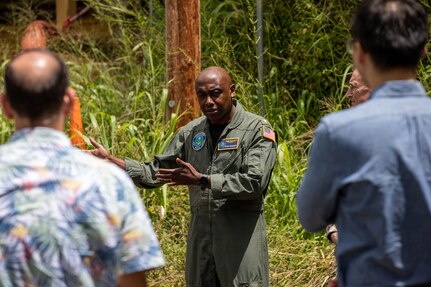 Navy Region Hawaii Commander, U.S. Navy Rear Adm. Stephen Barnett, briefs members of the House Special Committee on Red Hill (HSCRH) during a tour of the Red Hill Bulk Fuel Storage Facility in Halawa, Hawaii, Apr. 12, 2023.