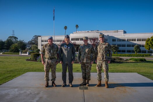  (From left to right) British Army Brigadier Paul Tedman, deputy director of U.S. Space Command’s strategy, plans, and policy directorate, Gen. Luis Carlos Córdoba Avendaño, Colombian Air Force (COLAF) commander, U.S. Space Force Maj. Gen. Douglas A. Schiess, Combined Force Space Component Command commander, and U.S. Air Force Brig. Gen. Sean Choquette, Air Force South Command vice commander, stand together for a group photo at Vandenberg Space Force Base, Calif., April 10, 2023. Córdoba led a delegation of industry and academia representatives to witness the launch of COLAF's second nanosatellite in partnership with EXOLAUNCH and SpaceX. The visit also included an in-depth pad tour of SpaceX's Space Launch Complex-4 and a sit-down meeting with Schiess to discuss on-going space cooperation efforts. (U.S. Space Force photo by Tech. Sgt. Luke Kitterman)