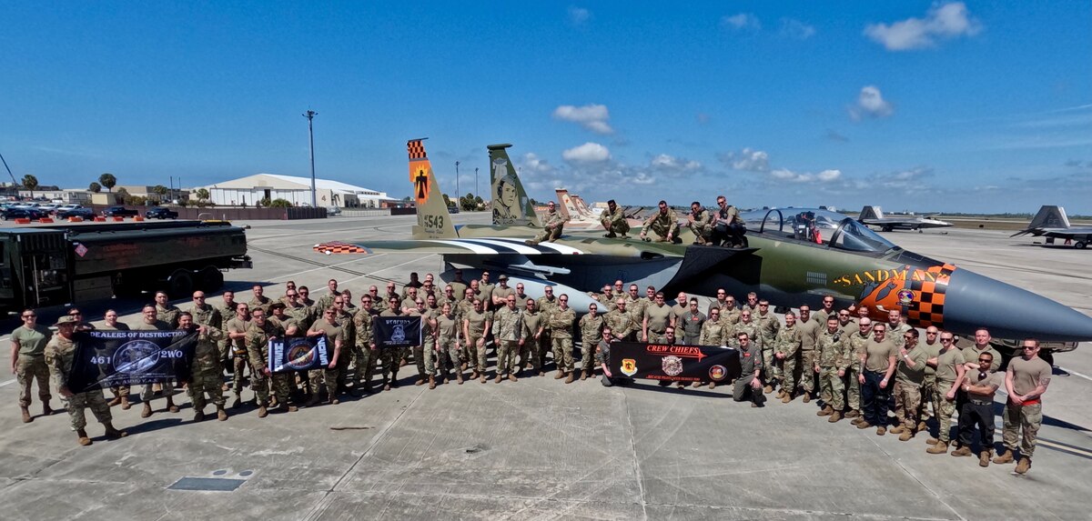 Members of the 173rd Fighter Wing who traveled to Tyndall Air Force Base, Florida, after successfully participating in the Weapons Systems Evaluation Program March 9-23, 2023. Kingsley Field sent 118 Airmen and six F-15 Eagles to participate in the missile live-fire program.