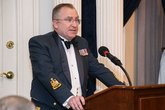 RCAF Command Chief Warrant Officer W.J. Hall, gives the commencement speech at the Airman Leadership School at Maxwell Air Force Base in Montgomery, Ala. Chief Hall toured Air University's enlisted training programs during his 3-day visit. The visit culminated with the ALS graduation in which 3 Canadian Master Corporals graduated from the class. (U.S. Air Force photo by Trey Ward)