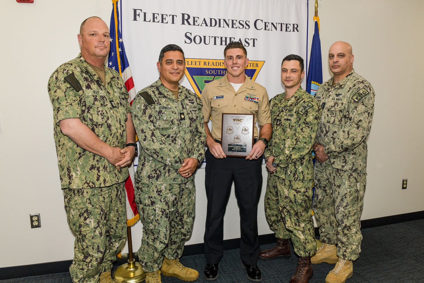 230124-N-DG679-086 
JACKSONVILLE, Fla. (Jan. 25, 2023) Petty Officer 1st Class Dalton R. Heater, assigned to Fleet Readiness Center Southeast's (FRCSE) Detachment Mayport, accepts the command's Dora Quinlan 2023 Mentor Award. The award is named after former FRCSE Business Operations Director, Dora Quinlan, who earned the first Mentor of the Year Award from Commander, Fleet Readiness Center and lost her fight with cancer in 2016. (U.S. Navy Photo by Toiete Jackson/Released)