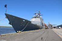 WILMINGTON, North Carolina (April 10, 2023) - The guided-missile cruiser USS San Jacinto (CG 56) sits pierside in the Port of Wilmington, North Carolina, during Wilmington Navy Week. The ship’s crew hosted tours on board, participated in community outreach events, and hosted a reception for the Azalea Festival, which is the Navy Week’s anchor event. (U.S. Navy photo by Lt j.g. Colton Drake)