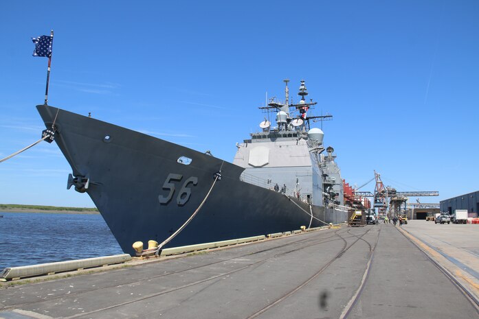 WILMINGTON, North Carolina (April 10, 2023) - The guided-missile cruiser USS San Jacinto (CG 56) sits pierside in the Port of Wilmington, North Carolina, during Wilmington Navy Week. The ship’s crew hosted tours on board, participated in community outreach events, and hosted a reception for the Azalea Festival, which is the Navy Week’s anchor event. (U.S. Navy photo by Lt j.g. Colton Drake)