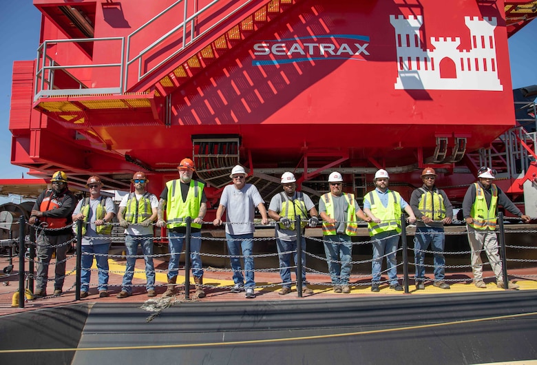 The Memphis District officially welcomed a brand new, $25.5 million Bank Grading Unit (BGU), April 11, 2023, when it docked at its new home port at Ensley Engineer Yard in Memphis, Tennessee.
The new BGU was built over a period of three years and is replacing the district’s legacy bank grader. With nearly 75 years of operations in the books, it’s safe to say the 1949 barge-mounted Bucyrus-Erie dragline model is ready for retirement.