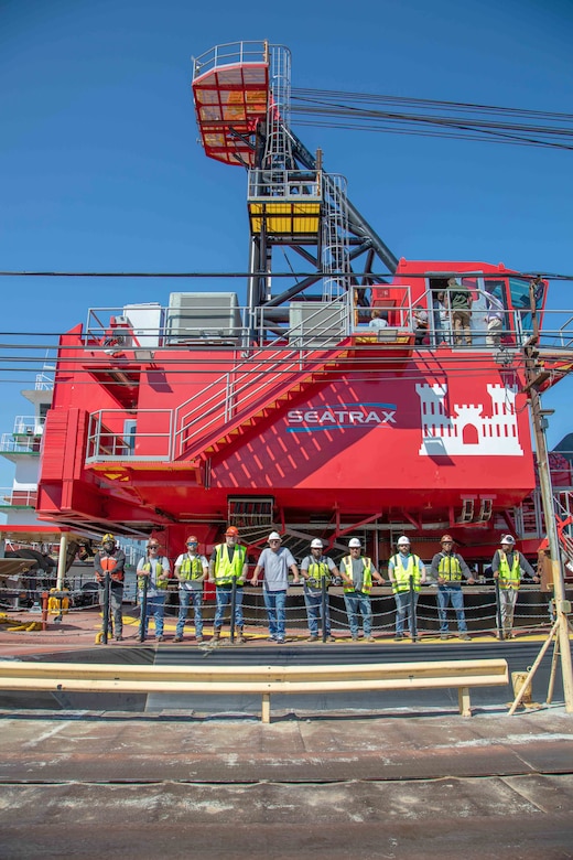 The Memphis District officially welcomed a brand new, $25.5 million Bank Grading Unit (BGU), April 11, 2023, when it docked at its new home port at Ensley Engineer Yard in Memphis, Tennessee.
The new BGU was built over a period of three years and is replacing the district’s legacy bank grader. With nearly 75 years of operations in the books, it’s safe to say the 1949 barge-mounted Bucyrus-Erie dragline model is ready for retirement.