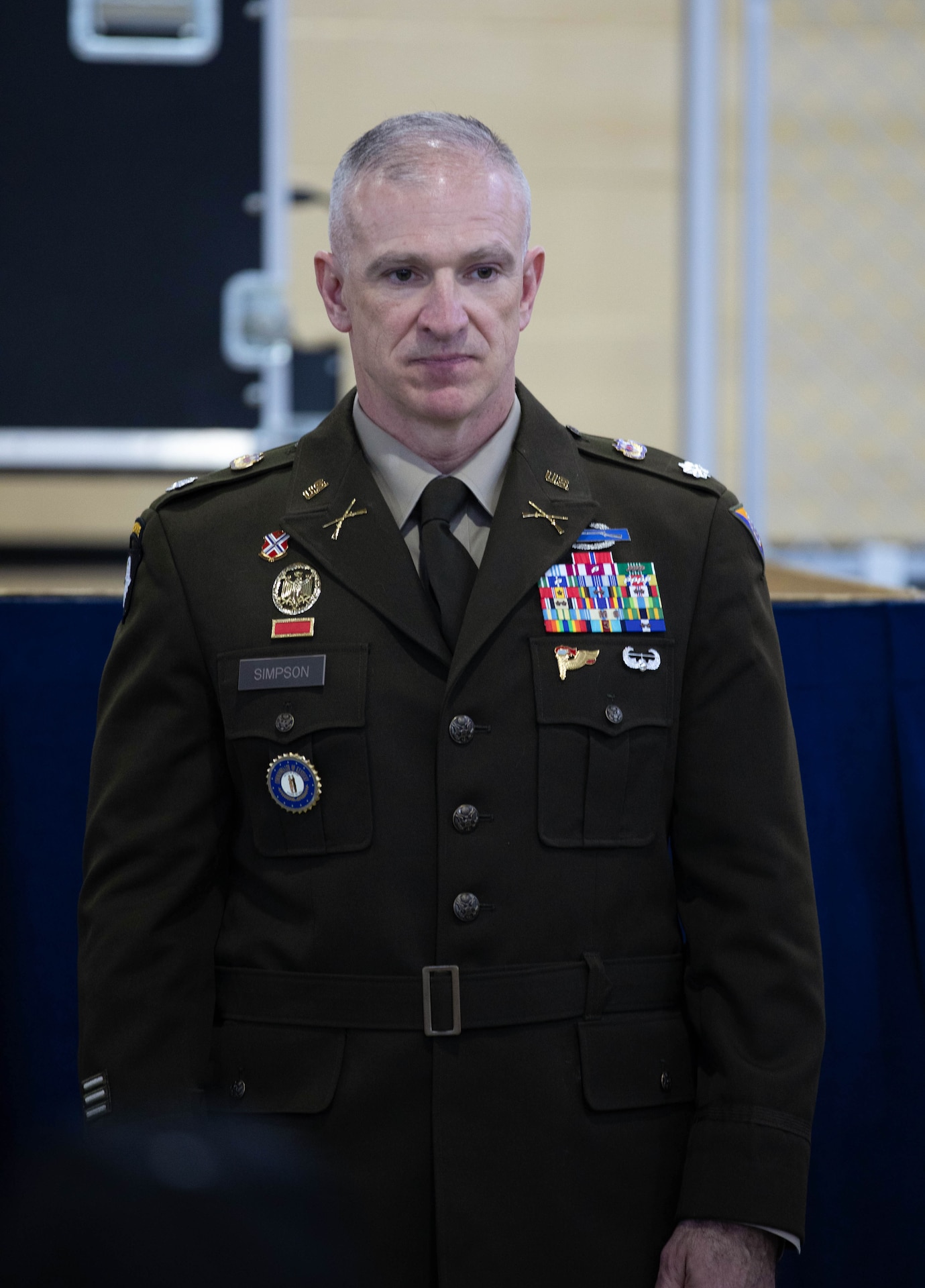 Lt. Col. Eddie Simpson speaks to the crowd of family and friends during his promotion ceremony at the Wellman Armory in Frankfort Apr. 12, 2023