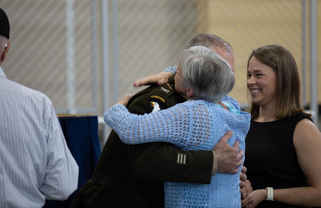 Lt. Col. Eddie Simpson speaks to the crowd of family and friends during his promotion ceremony at the Wellman Armory in Frankfort Apr. 12, 2023