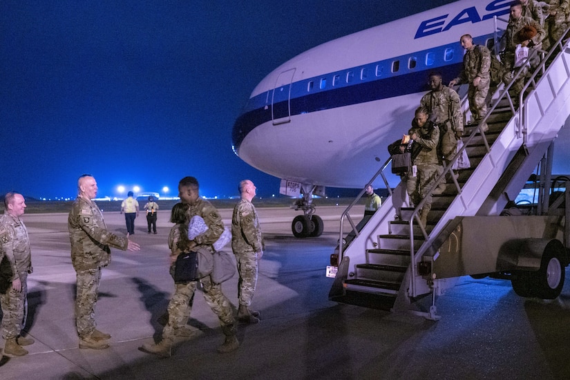 Maj. Gen. James G. McCormack, assistant adjutant general, Pennsylvania National Guard, and other Pennsylvania National Guard leaders welcome Soldiers from the 252nd Quartermaster Co. who had just returned from a deployment to the Middle East on April 5, 2023, at Killeen-Fort Hood Regional Airport in Texas. (U.S. Army photo by Eric Franklin)