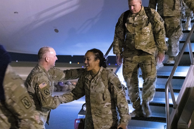 Maj. Gen. James G. McCormack, assistant adjutant general, Pennsylvania National Guard, welcomes Soldiers from the 252nd Quartermaster Co. who had just returned from a deployment to the Middle East on April 5, 2023, at Kilee-Fort Hood Regional Airport in Texas. (U.S. Army photo by Eric Franklin)